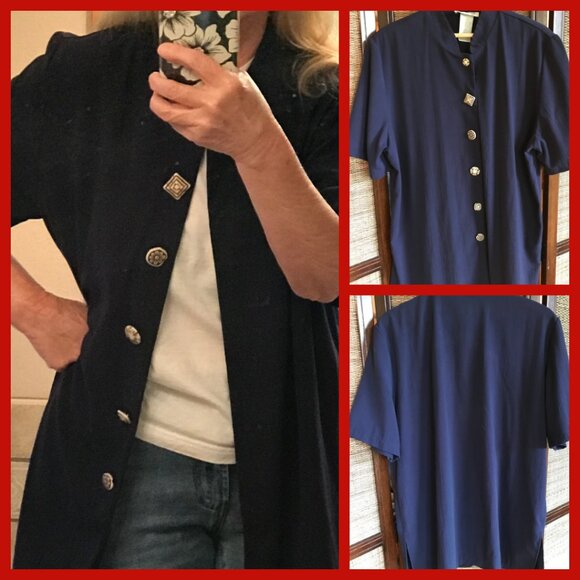 Two Twenty Vintage Rayon Blend Tunic: Dark Blue Blazer, Unique Buttons, Size 18 - Picture 9 of 9